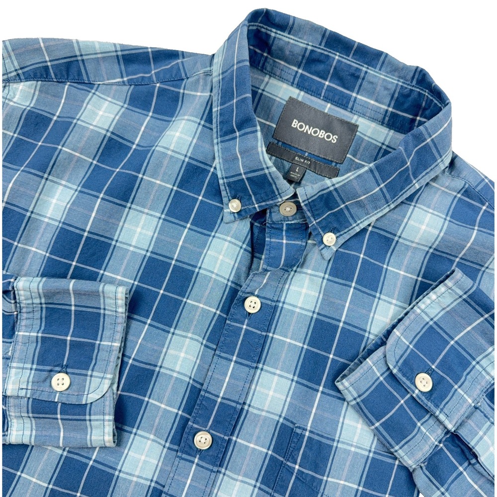 Bonobos Shirt Men Large Blue Slim Fit Button Up Dress Poplin Plaid Pocket Casual